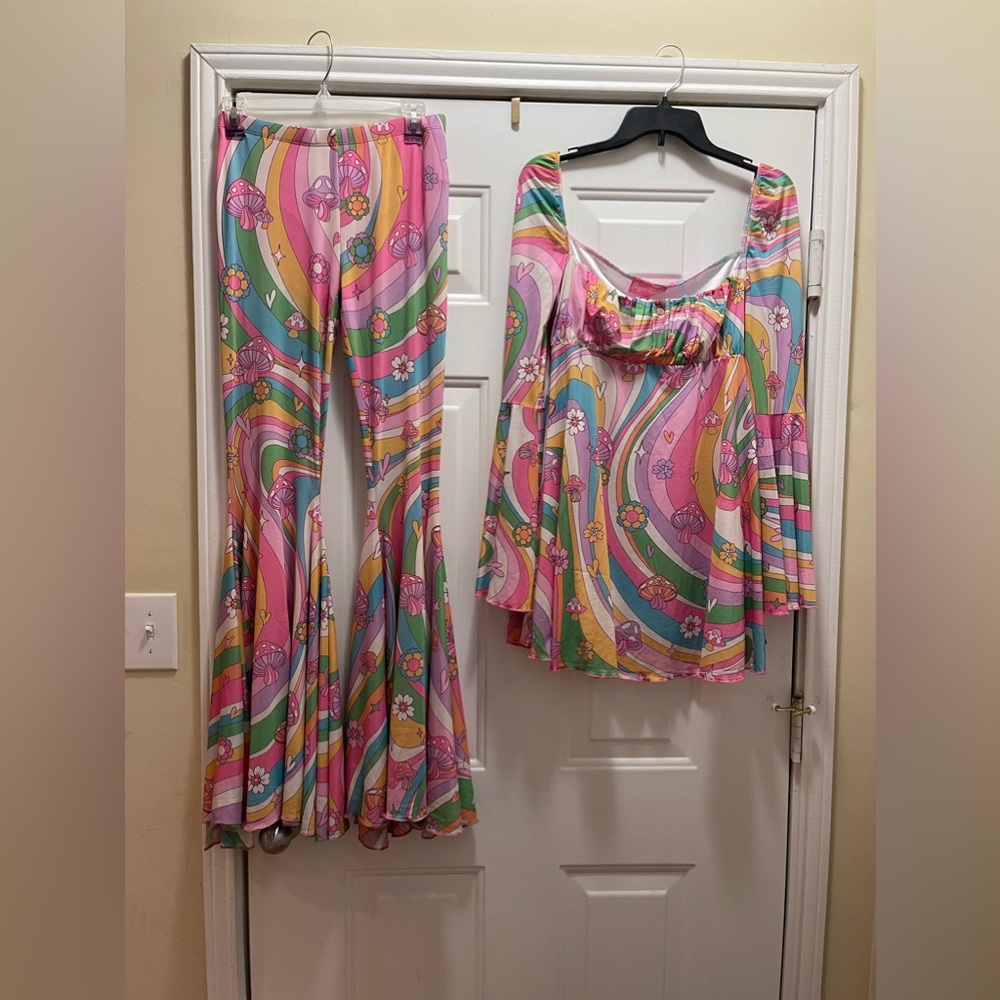 Dolls Kill Sugar Thrillz Technicolor dreams flare pants and dress size M.